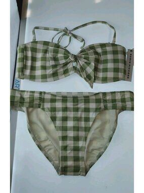 Robin Piccone Jemma Gingham Bandeau Bikini Set Size M Green White NWT